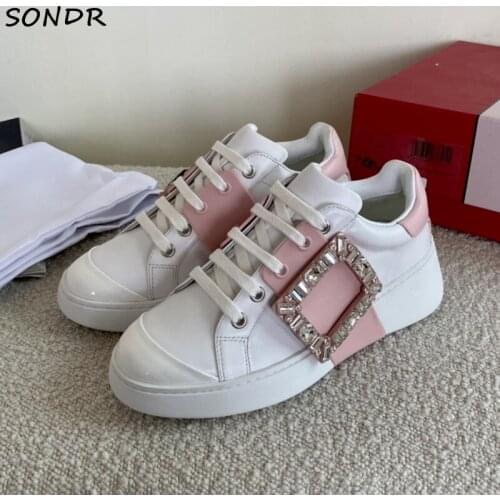 Fashion Crystal Buckle Strap White Sneakers Women Luxury Designer Leather Flat Shoes Platform Lace Up Woman Vulcanize Shoes 2021