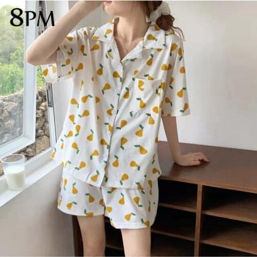 Summer Cotton Lingerie Pyjamas Set Korean Style Printed Pajamas Short Sleeve Shorts Nightwea Button-Down Soft Sleepwear ouc1030