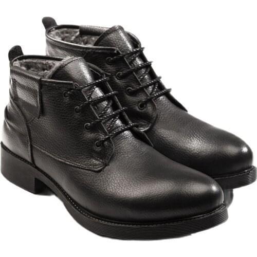 DeepSEA Male Black Leather Boots Inside Furry Boots Lace-Up Thick Bottom Zipper Autumn-Winter Waterproof Warm 2106451