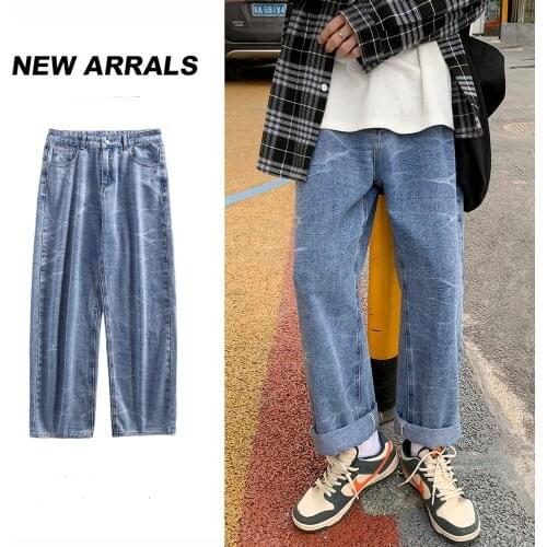 2021 New Men Jeans Pant Fashion Die Dye Print Straight Loose Washed Cotton Korean Casual Clothing Black Blue Denim Trousers