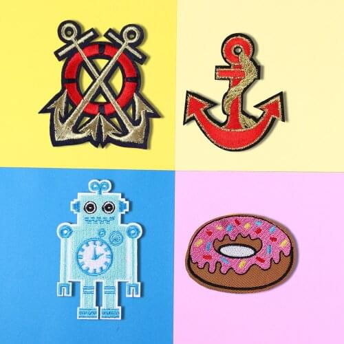 Ships anchor Food doughnut patch Applique Cartoon robot Iron On Embroidered Patches For Clothing DIY Sticke