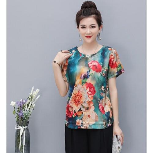 2021 New Summer Womens Short-Sleeved O-Neck T-Shirt Middle-Aged Mothers Print Top Half-Sleeved Jacket