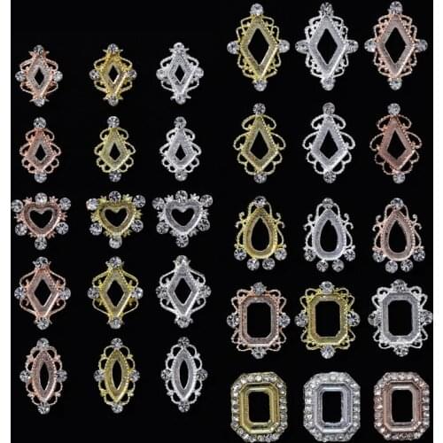 10Pcs Korean Frame Hollow Charms Rhombus 3D Gold Metallic Nail Art Decorations Charms Stones For Manicure Strass Nail Accessory
