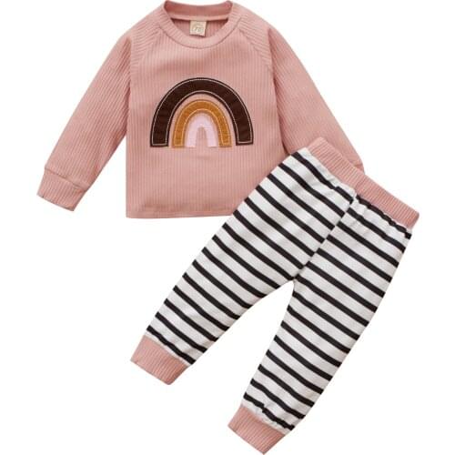 2 Pcs Infant Casual Outfits, Baby Rainbow Pattern Long Sleeve Round Neck Pullover + Color Block Striped Trousers