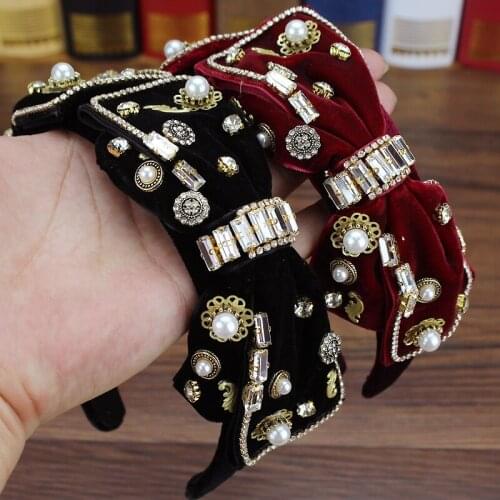 Luxury Crystal Pearl Velvet Headbands Handmade Big Hair Bow Rhinestone Hairband For Women Wedding Hair Jewelry