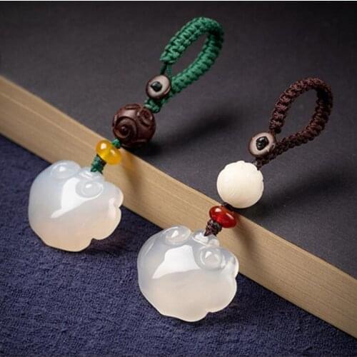 Hand Craft Natural Stone Chalcedony Keychains Handbag Purse Holder Lucky Lock Healing Lotus Key Chains