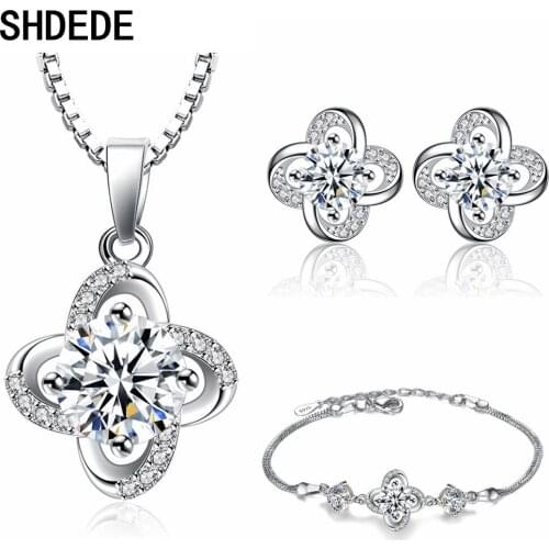 SHDEDE Flower Jewelry Sets Wedding Bride Party Bracelets Earrings Necklace Pendants Cubic Zirconia Accessories White Purple