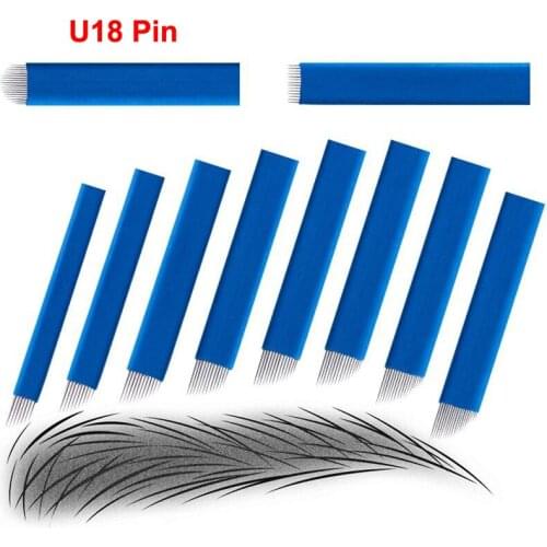 Blue Microblading 50PCS 18 Pin U Tattoo Needles Permanent Makeup Eyebrow Embroidery Blade For 3D Manual Tattoo Pen