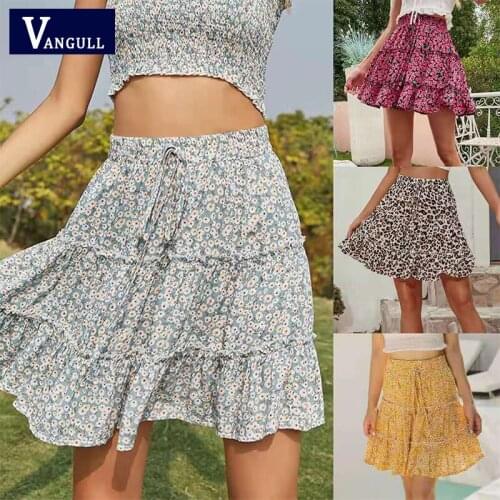 Vangull Elegant Casual Fashion Boho Fashion High Waist Elastic Belt Tether Floral Printed 2021 Summer New Mini A-line Skirt