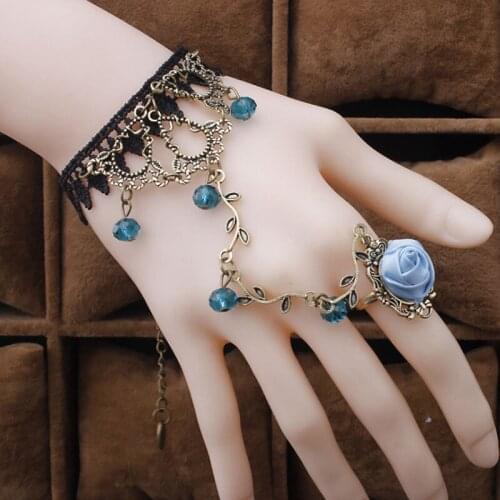 Vintage design Gothic Woman Beauty Lace Rose Floral Bracelet Ring Set Lady Cabochon Classical Decorative Party Ornament