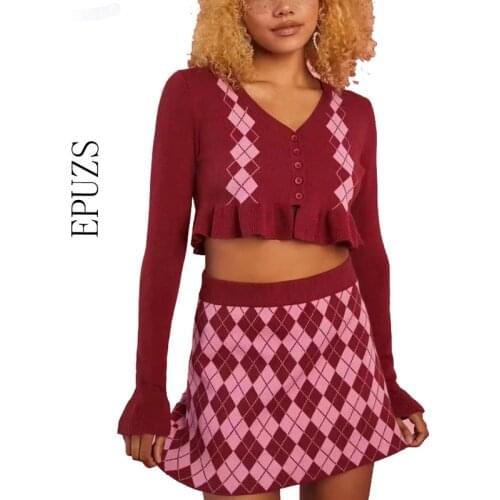 Sweet Two Pieces Set Elegant ruffle knitted Cardigan women high waist plaid skirt sexy skirt and top set korean women clothing