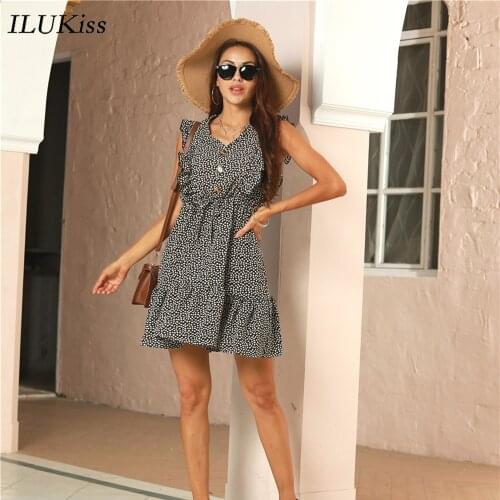 Sleeveless Mini Woman Dress Summer 2021 Polka Dot Print Holiday Beach Sundress Fashion Ruffles Button Dresses For Women Casual
