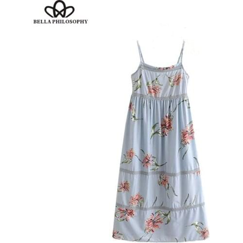 Bella Philosophy patchwork floral dress elastic waist spaghetti straps sleeveless ladies casual midi dress vestidos