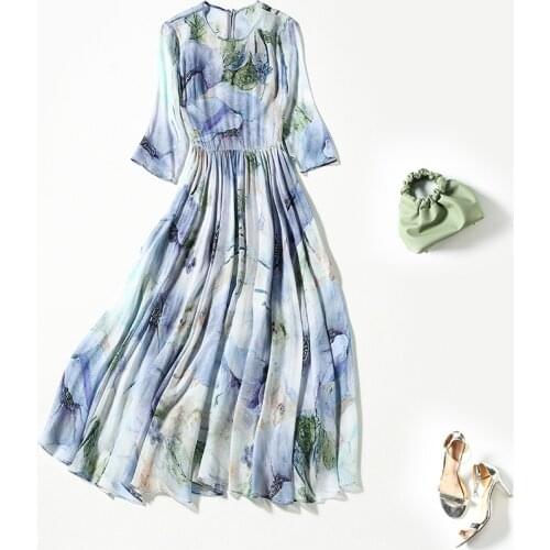 High Quality Summer Dresses for Women 2021 100% Silk Floral Dress Female Long Korean Dress Elegant Vestido De Mujer Pph5031