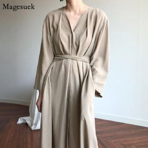 Spring Summer Dress For Women 2021 Fashion Lace Up Casual Female Dresses Buttons V-neck Vintage Oversize Long Dress Robe 13205