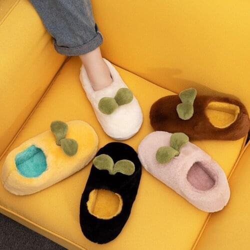 Winter Couple Plush Slippers Women Warm Cotton Shoes Cartoon Little Sapling Indoor Bedroom Non-Slip Slippers Unisex Furry Slides