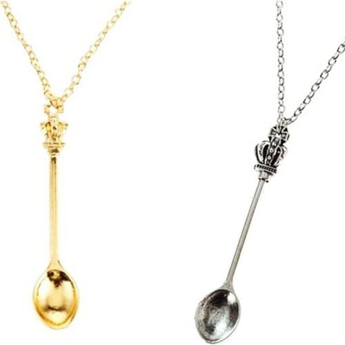 1pcs New Gold Silver Color Tone Snuff Mini Tea Crown Mini Tea Spoon Vintage Royal Snuff Ibiza Festival Necklace Stainless Steel