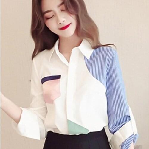 2021 Summer New Long-sleeved Women Shirts Pocket Patchwork Irregular Office Lady Elegant New Design Female Shirts Outwear Tops