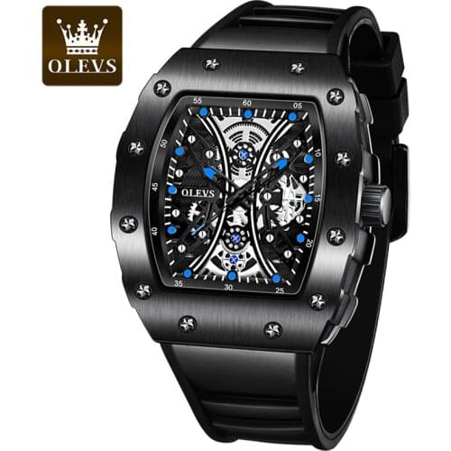 Tonneau Design Men Watch Quartz Waterproof Stainless Steel Mechanical Hollow 3D Dial Luxury Metal Wire Drawing Man Clock OLEVS