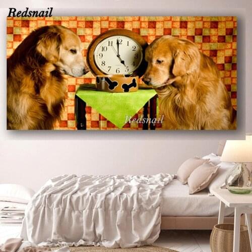 Large Animal Golden Retrievers And Clock Huge 5D DIY Diamond painting Cross stitch Full Diamond embroidery mosaic Wall Art EE926
