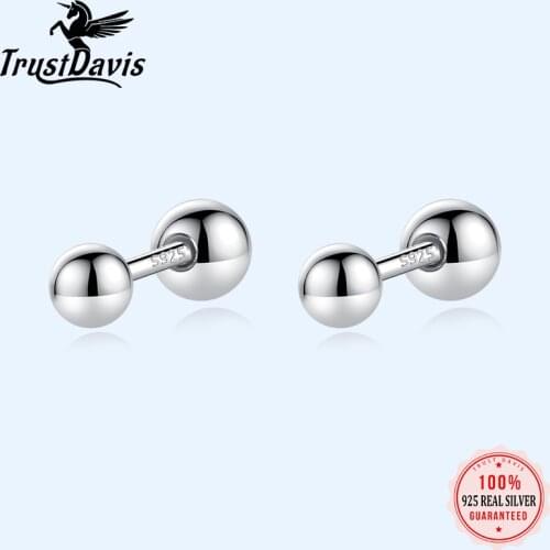Trustdavis Real 925 Sterling Silver Beads Screw Stud Earrings For Women Children Baby Girls Kids Mini Minimalist Jewelry DA1980