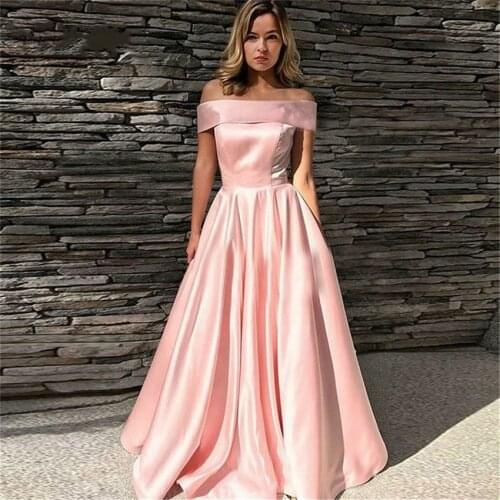 Elegant Pink Satin Long Evening Dresses 2020 A-Line Boat Neck Off The Shoulder Saudi Arabic Women Formal Prom Gown Party Dress