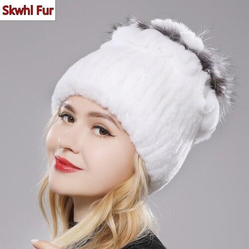 Hot Sale Russia Winter Quality Real Fur Hat Natural Warm Rex Rabbit Fur Cap Lady Warm Knitted 100% Genuine Rex Rabbit Fur Hats