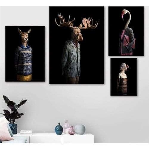 Animal In Human Clothes Canvas Paintings Caribou and Flamingo Posters and Abstract Prints Wall Art Pictures for Home Decoration
