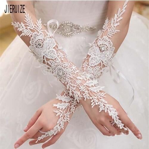 JIERUIZE Lace Applique Bridal Gloves With Crystal Long Wedding Glove Fingerless For Wedding Dress