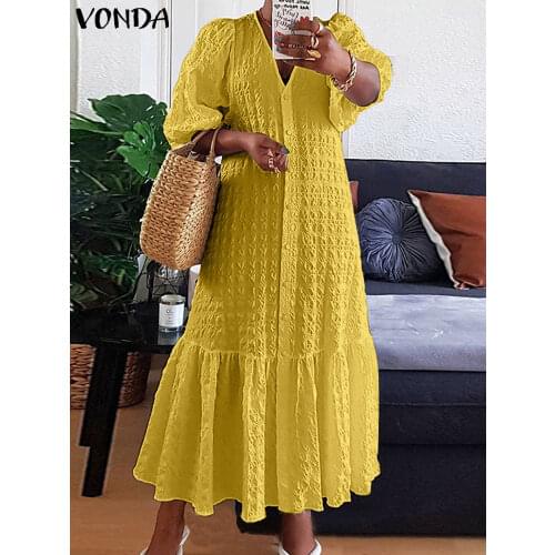Summer Shirt Dress Casual Half Sleeve V Neck Button Down Pleated Long Dresses VONDA Women Bohemian Vestidos Robe