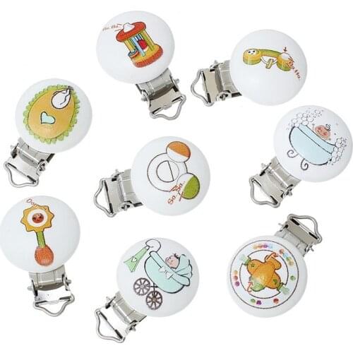 LF 5Pcs 29x44mm Multicolor Wooden Metal Baby Pacifier Clip Solid Color Cute Infant Soother Clasps Holders Accessories Diy Tool