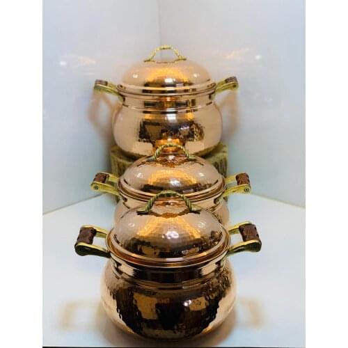 COPPER HAND TATTOO CASSEROLE POT IN THREE SIZES WITH WOODEN HANDLE COOKWARE SET