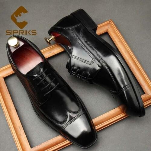 SIPRIKS Mens Genuine Leather Dress Shoes Italian Custom Vintage Wingtip Dress Cap Toe Shoes Black Formal Gents Suits Social Shoe