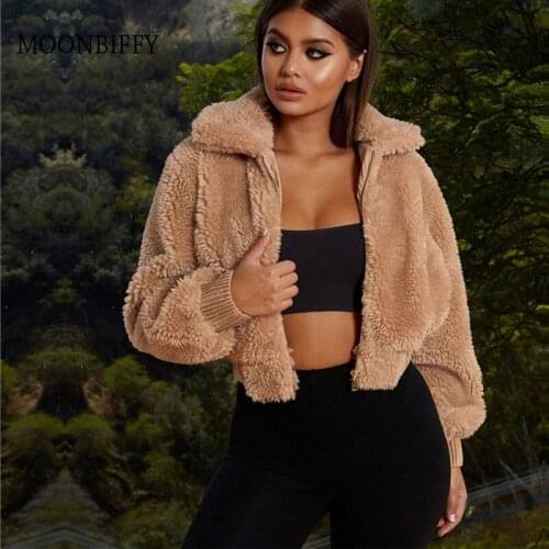 Autumn Winter Warm Fluffy Faux Fur Coats Jackets Women Furry Long Sleeve Jacket Lady Turn Down Collar Zipper Pocket Cropped Coat