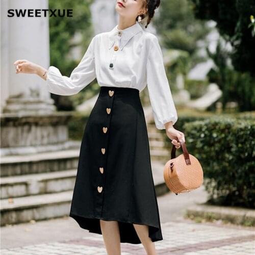 SWEETXUE Autumn Fresh Suit Three-Color Button Solid Color Lantern Sleeve Shirt + High Waist Black Single-Breasted Skirt Womens