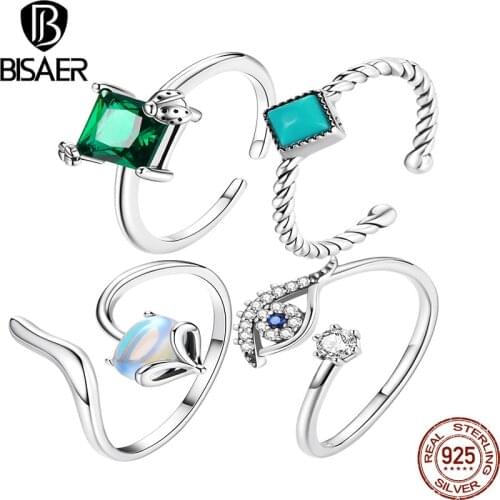 BISAER New 925 Sterling Silver Geometric Dazzling Zircon Ring Demon Eye Adjustable Open Cuff Wedding Jewelry Engagement EFR215