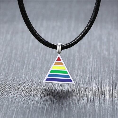 ZORCVENS Silver Color Stainless Steel Rainbow Triangle Pendant Necklace for Man Jewelry Black Cord Wedding Jewelry Gift