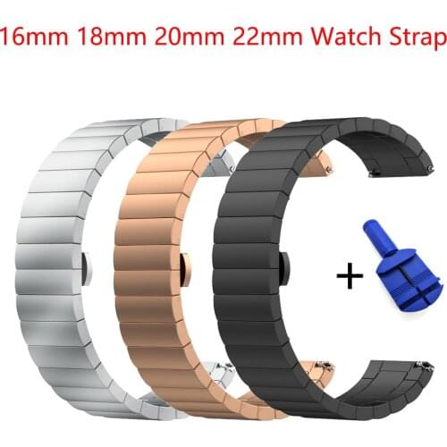 Stainless Steel Watch Strap 16mm 18mm 20mm 22mm Universal WatchBand Strap Wrist Smart watch Butterfly buckle Bracelet Black