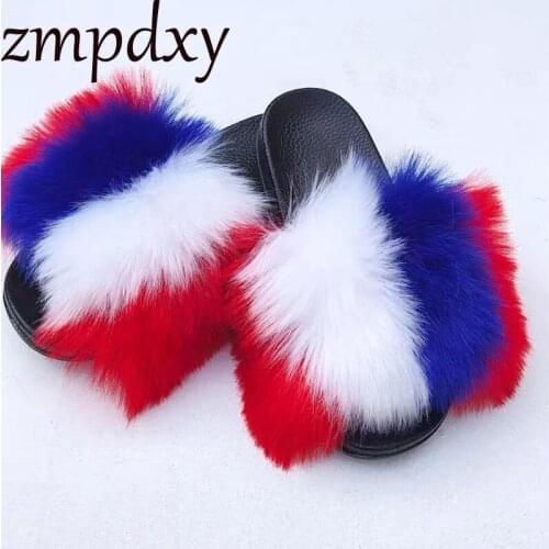 Girls Faux Fur Slippers And Sandals Fashion Casual Ladies Furry Fox Slippers Women Spring Fluffy Slides Summer Plush Flip Flops