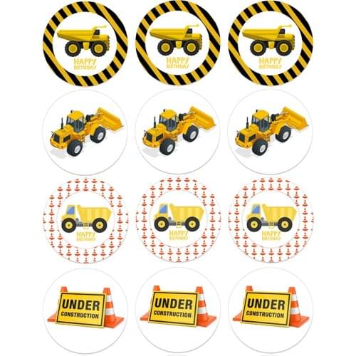 Construction Trucks Party Sticker Excavator Car Cupcake Gift Box invitation Birthday Party DIY Decorations Kids Sticker Label