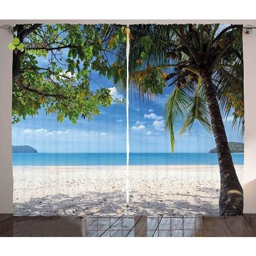 Dear House Summer Curtains Tropical Beach Ocean Behind Palm Tree Caribbean Exotic Holiday Image Living Room Window Decor