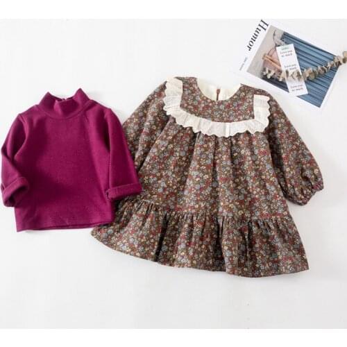 DFXD High Quality Korean Style Baby Girls Winter Solid Turtleneck Bottoming Shirt+Plus Velvet Floral Dress Two Piece Kids Sets