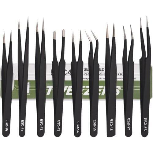 Green Package Black Tweezers HRC40 Antistatic Stainless Steel Nipper ESD- 10 11 12 13 14 15 16 17 18 for Phone Repairing
