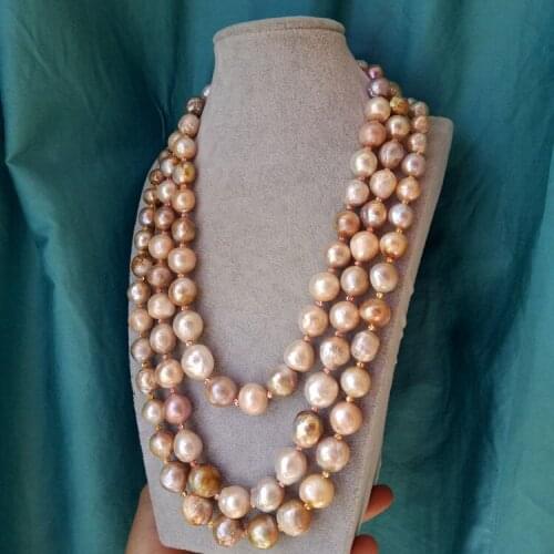 3rows freshwater pearl pink purple near round baroque edison10-13 mm necklace 17-21inch wholesale beads nature FPPJ
