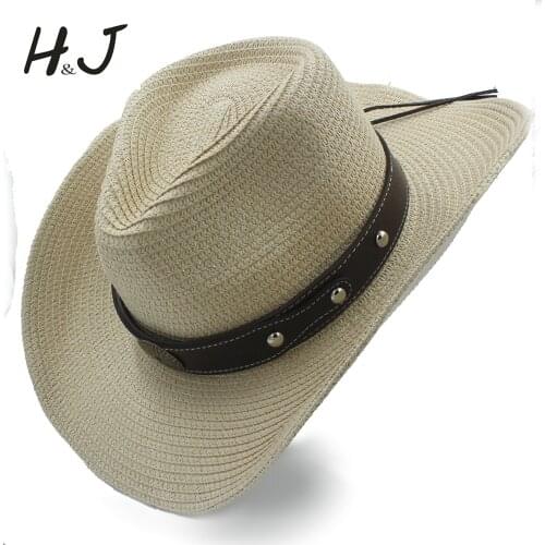 Women Men Straw Western Cowboy Hat Summer Sun Hat for Lady Gentleman Sombrero Hombre Beach Sun Cowgirl Hat Size 56-58CM