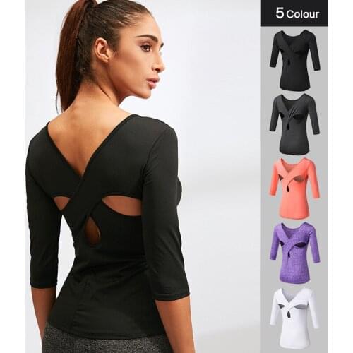 Womens yoga wear fitness running sports dance tight-fitting quick-drying shirt cross beautiful back mid-long sleeve Sports top