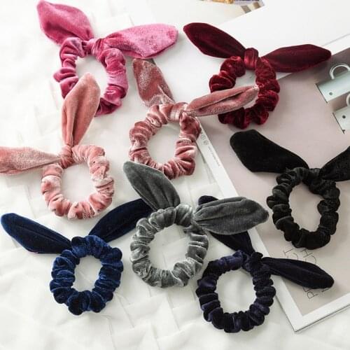 Women Girls Hairband Solid Scrunchies Velvet Hair Tie Bunny Cute Rabbit Ear Elastic Hair Band Hair Rope Gum Ponytail Holder