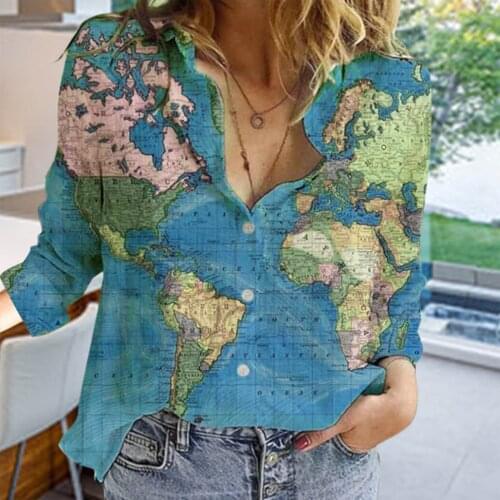 Women Lapel Button Shirt World Map Print Long Sleeve Loose Casual Top Girls Fashion Classic Personalized All-match T-Shirt