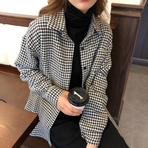 2021 Womens Vintage Houndstooth Long Sleeve Plaid Shirt Spring Autumn Single Breasted Casual Blouse Shirt For Women Jacket Feme