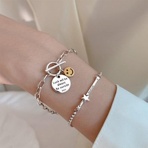 S925 Sterling Silver Bracelet for Women Smiley Face Letter Bracelet Light Luxury Star Jewelry Wholesale